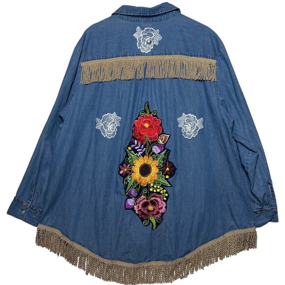 Denim Button-Up Upcycled Shirt Handcrafted Embellishments Boho Western Cotton 3X - Picture 10 of 15